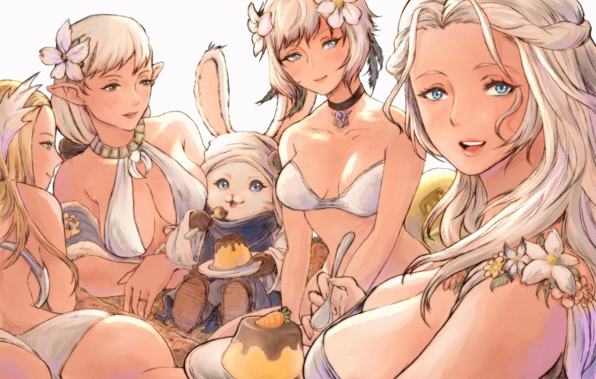 4girls ameliance_leveilleur animal_ears ass bikini braid breasts cat_ears elezen elf final_fantasy final_fantasy_xiv flower food gloves gusty10rk hair_flower hair_ornament half_up_braid harem highres hyur kan-e-senna loporrit mature_female miqo&#039;te multiple_girls open_mouth plate pointy_ears pudding puddingway smile spoon strapless strapless_bikini swimsuit venat_(ff14) white_bikini white_gloves y&#039;shtola_rhul