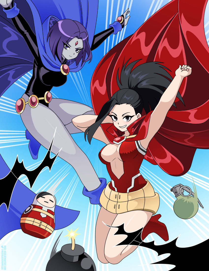 2girls absurdres armpits bare_shoulders belly_chain black_eyes black_hair black_leotard boku_no_hero_academia bomb breasts cape cleavage colored_skin crossover dc_comics explosive forehead_jewel grenade grey_skin hair_pulled_back high_heels highleg highleg_leotard highres jewelry large_breasts leotard long_hair looking_at_viewer multiple_girls nico-neko open_mouth ponytail purple_eyes purple_hair raven_(dc) short_hair sleeved_leotard smile teen_titans yaoyorozu_momo