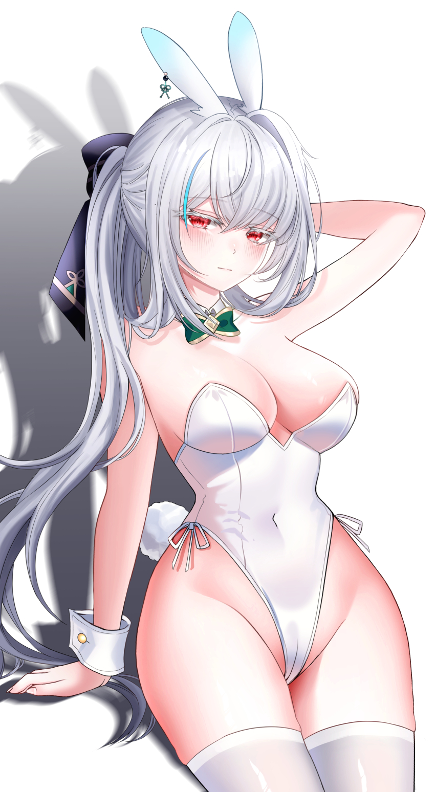 1girl absurdres animal_ears arm_behind_head arm_support arm_up bare_shoulders blue_streaks blush bow bowtie breasts cleavage collarbone colored_eyelashes commentary covered_navel detached_collar english_commentary fake_tail gold_trim green_bow green_bowtie groin hair_between_eyes hair_bow highres large_breasts len_(maplestory) leotard long_hair looking_at_viewer maplestory multicolored_hair playboy_bunny ponytail rabbit_ears rabbit_tail red_eyes side-tie_leotard sidelocks simple_background sitting solo strapless strapless_leotard streaked_hair tail thighhighs thighs unha very_long_hair white_background white_eyelashes white_hair white_leotard white_thighhighs white_wrist_cuffs wrist_cuffs