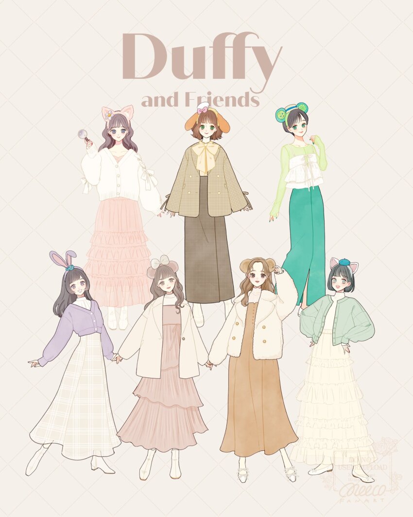 6+girls animal_ears animification bear_ear_hairband bear_ears brown_hair cookieann duffy_and_friends duffy_the_disney_bear full_body gelatoni genderswap hat highres humanization linabell long_hair looking_at_viewer meecosme multiple_girls olu_mel shelliemay shirt short_hair skirt smile stellalou sweater
