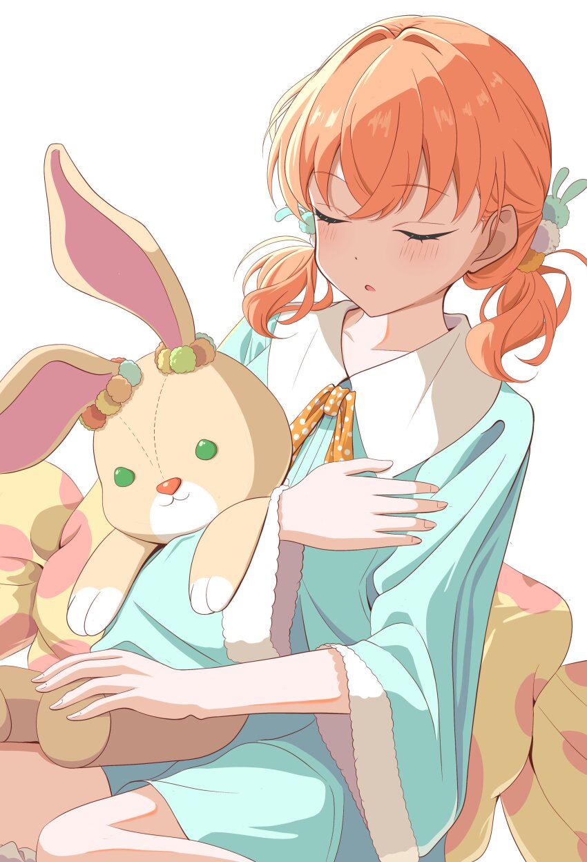 1girl absurdres blue_dress closed_eyes collarbone collared_dress commentary dress hair_bobbles hair_intakes hair_ornament highres hinoshita_kaho hinoshita_kaho_(birthday_present) link!_like!_love_live! love_live! low_twintails medium_hair morio_(mmorio_mu) official_alternate_costume orange_hair rabbit_hair_ornament simple_background sitting solo stuffed_animal stuffed_rabbit stuffed_toy symbol-only_commentary three-quarter_sleeves twintails u_u virtual_youtuber wariza white_background