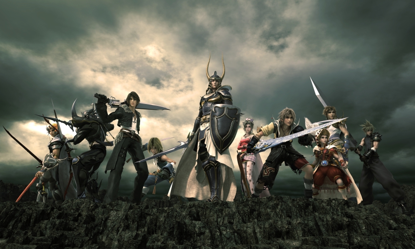00s 1980s_(style) 1990s_(style) 1girl 3d 6+boys absurdres armor black_hair blonde_hair blue_eyes brown_hair bartz_klauser cape cecil_harvey cloud_strife dissidia_final_fantasy epic everyone fighting_stance final_fantasy final_fantasy_i final_fantasy_ii final_fantasy_iii final_fantasy_iv final_fantasy_ix final_fantasy_v final_fantasy_vi final_fantasy_vii final_fantasy_viii final_fantasy_x firion gloves highres jewelry long_hair multiple_boys official_art oldschool onion_knight retro_artstyle short_hair sky squall_leonhart sword tidus tina_branford warrior_of_light_(ff1) weapon zidane_tribal