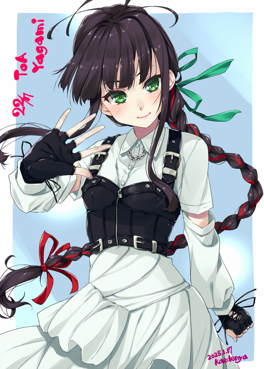 1girl 22/7 antenna_hair artist_name black_gloves black_hair blue_background bodice border braid braided_ponytail buckle character_name closed_mouth collared_dress copyright_name cowboy_shot dated dress fingerless_gloves gloves green_eyes green_ribbon group_name hair_ribbon highres kisairo_kaede long_hair long_sleeves looking_at_viewer outside_border red_ribbon ribbon rock_wa_shinanai sidelocks smile solo standing white_border white_dress yagami_toa