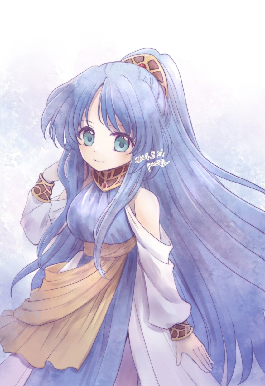 1girl aqua_eyes artist_name blue_hair breasts closed_mouth commentary_request dated dot_nose high_ponytail highres looking_at_viewer ponytail porucccooo puyopuyo rulue_(puyopuyo) smile solo