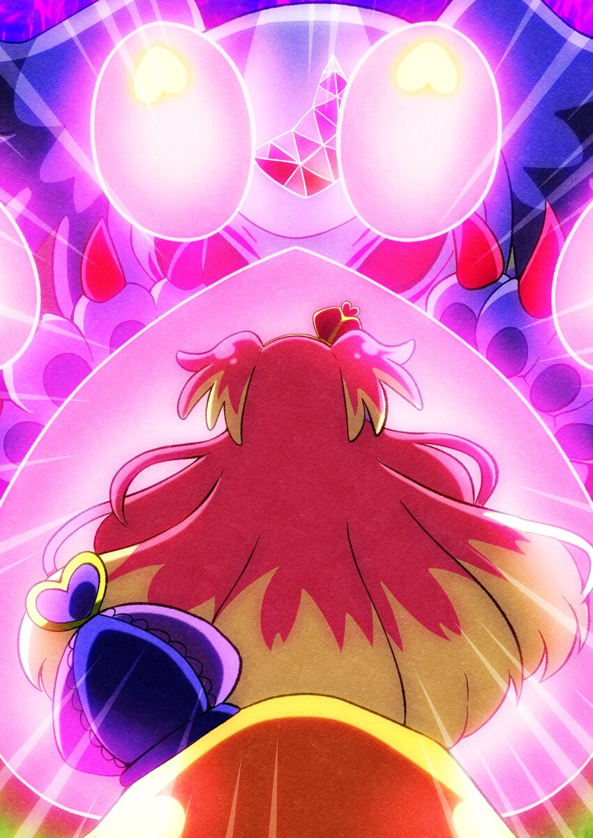 2girls @est@ absurdres arched_crown blocking blonde_hair commentary_request cosplay crown cure_friendy cure_wonderful cure_wonderful_(cosplay) energy_barrier garugaru_(precure) hat_ornament heart heart_hat_ornament highres inukai_iroha inukai_komugi long_hair multiple_girls paw_barrier pink_crown pink_hair precure wonderful_precure!