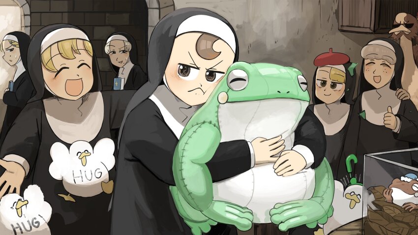 6+girls :d ^_^ bags_under_eyes beret bible_(object) bird blonde_hair blue_eyes body_writing brown_eyes brown_hair chicken closed_eyes clumsy_nun_(diva) commentary diva_(hyxpk) duck english_commentary freckles frog frog_headband froggy_nun_(diva) grey_hair habit hairband hat highres little_nuns_(diva) mole mole_on_cheek mole_under_mouth multiple_girls nun open_mouth ostrich red_hairband sheep_nun_(diva) slice_of_life smile smug_nun_(diva) spicy_nun_(diva) strict_nun_(diva) stuffed_animal stuffed_frog stuffed_toy thumbs_up traditional_nun umbrella yellow_eyes
