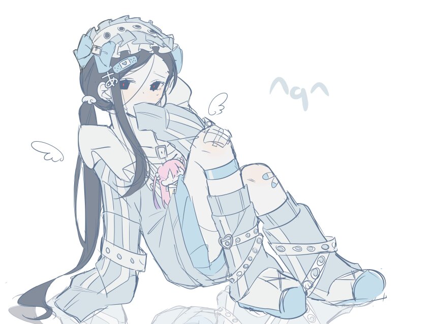 1girl absurdres alternate_costume alternate_hairstyle bandaid bandaid_on_hair bandaid_on_knee bandaid_on_leg black_eyes black_hair blue_skirt blue_socks character_doll commentary covering_own_mouth english_commentary hat highres looking_afar loose_socks low_ponytail michie_1129 mob_cap ponytail shoes single_sidelock sitting skirt sleeves_past_fingers sleeves_past_wrists socks synthesizer_v text_hair_ornament white_footwear yi_xi_(synthesizer_v)