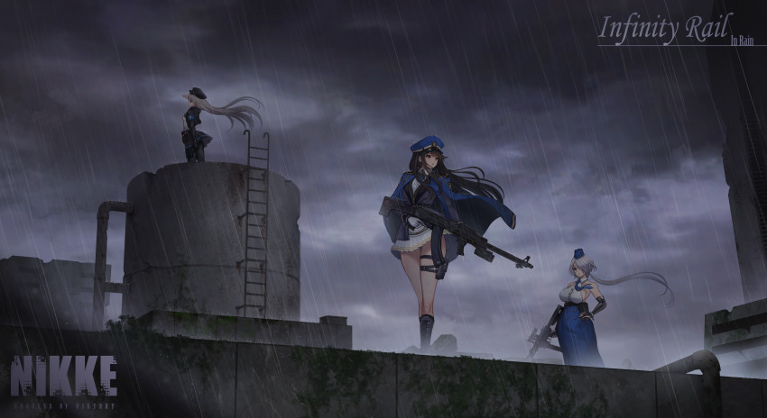 3girls ar-9 arm_up armband ass assault_rifle backless_outfit backless_shirt bare_shoulders belt belt_pouch black_belt black_gloves black_hair black_jacket black_pantyhose black_skirt blue_armband blue_bow blue_bowtie blue_coat blue_eyes blue_necktie blue_skirt boots bow bowtie breasts brid_(nikke) bridal_gauntlets brown_eyes cloud cloudy_sky coat coat_on_shoulders collarbone collared_shirt commentary_request copyright_name diesel_(nikke) earrings floating_earring floating_hair full_body garrison_cap gloves goddess_of_victory:_nikke grey_hair gun hair_between_eyes hair_ornament hair_over_one_eye hand_on_own_hip hat high-waist_skirt highres holding holding_gun holding_weapon infinity_rail_(nikke) jacket jewelry korean_commentary large_breasts light_machine_gun logo long_hair long_skirt looking_to_the_side looking_up low-tied_long_hair low_ponytail machine_gun military_hat military_jacket military_uniform multiple_girls necktie no_mole open_clothes open_jacket outdoors pantyhose parted_lips peaked_cap pleated_skirt ponytail pouch rain revision rifle rpk rpk-74 shirt sideboob sidelocks skirt sky sleeveless small_breasts soline_(nikke) standing striped_necktie thigh_belt thigh_pouch thigh_strap toriseru_(rare_stone) triangle_earrings very_long_hair weapon white_gloves white_shirt white_skirt