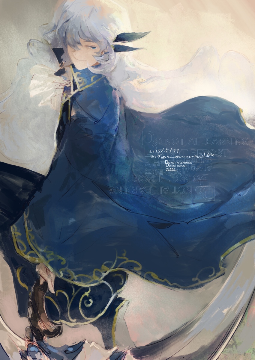 1boy absurdres argalia_(project_moon) ascot black_pants blue_cape blue_eyes blue_jacket cape closed_mouth collared_cape gold_trim grey_background highres holding holding_scythe jacket library_of_ruina long_hair looking_at_viewer male_focus mownai1648 pants project_moon scythe simple_background solo standing upper_body very_long_hair white_ascot white_hair