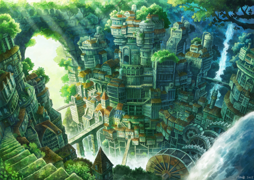 10s 2015 arch bridge canyon chimney city cityscape fantasy flag fog forest from_above gears kemi_neko md5_mismatch nature no_humans original scenery signature stairs sunlight tree water waterfall water_wheel