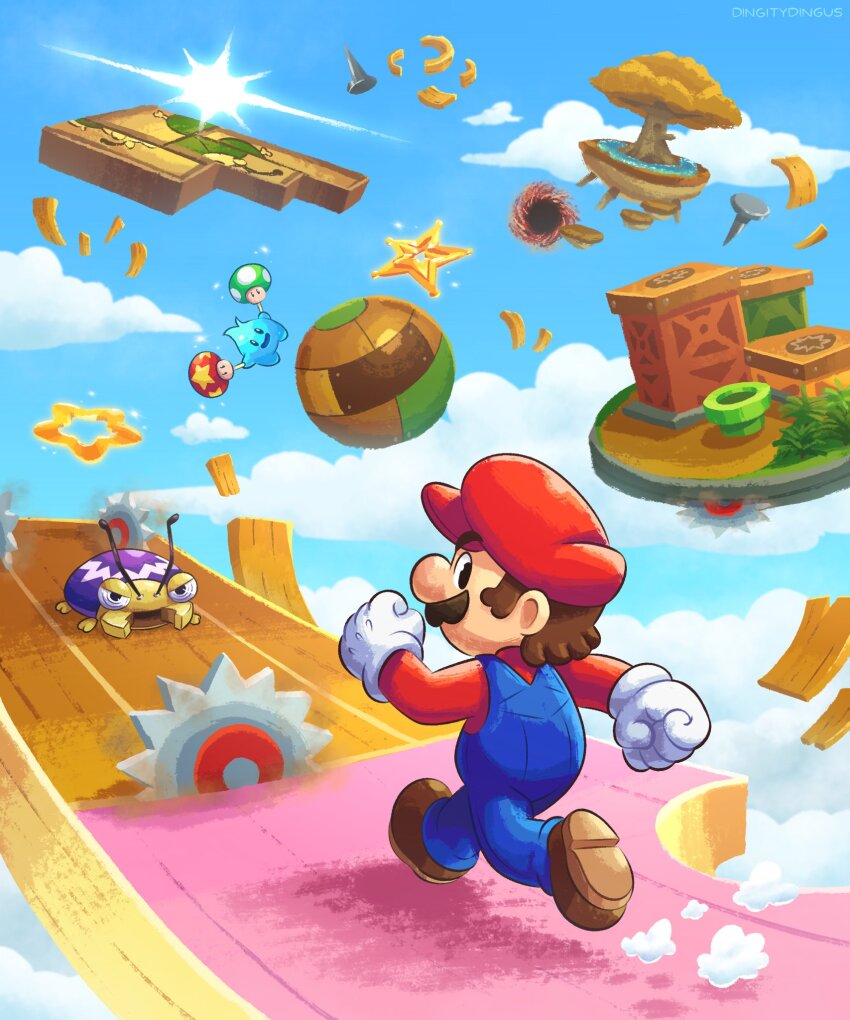 1-up_mushroom 1boy arm_up beetle black_eyes black_hole blue_overalls blue_pants blue_sky brown_footwear brown_hair bug bush circular_saw cloud commentary crate day english_commentary facial_hair full_body gloves hat highres insect launch_star_(mario) life_mushroom long_sleeves looking_at_viewer luma_(mario) lumalee making-of_available mandibug mario mario_(series) mustache nail_(hardware) nintendo overalls pants planet plank profile puzzle red_headwear red_shirt running saw shirt shoes short_hair sideways_glance sky sparkle star_(symbol) super_mario_galaxy super_mario_galaxy_2 tree vinny_(dingitydingus) warp_pipe white_gloves wood