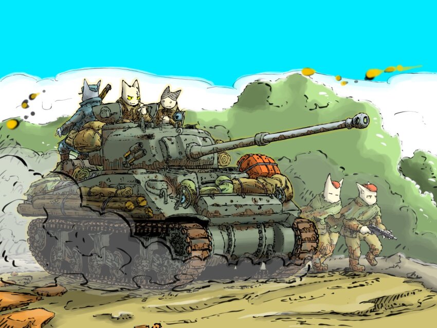 beret bush cannon dirt_road gun hat highres holding holding_gun holding_weapon jerry_can log m4_sherman military_uniform military_vehicle motor_vehicle original over_shoulder red_hat rifle road sten_gun submachine_gun tank vehicle_focus vehicle_request weapon weapon_over_shoulder yabarn