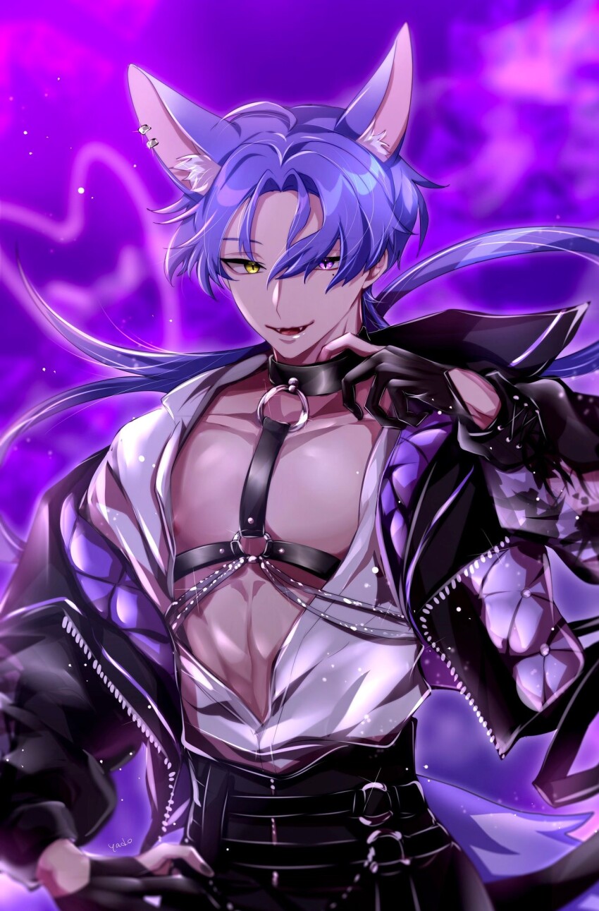 1boy abs ahoge animal_ear_fluff animal_ears chest_strap collar fangs fox_boy fox_ears fox_tail glitter gloves half_gloves heart heterochromia highres jewelry kuya_(nu_carnival) looking_at_viewer male_focus mole mole_under_eye nail_polish nipple_slip nipples nu_carnival open_clothes open_mouth open_shirt ponytail pulling_collar purple_eyes purple_hair short_gloves smile smug smug strap tail teeth upper_teeth_only yadome810 yellow_eyes