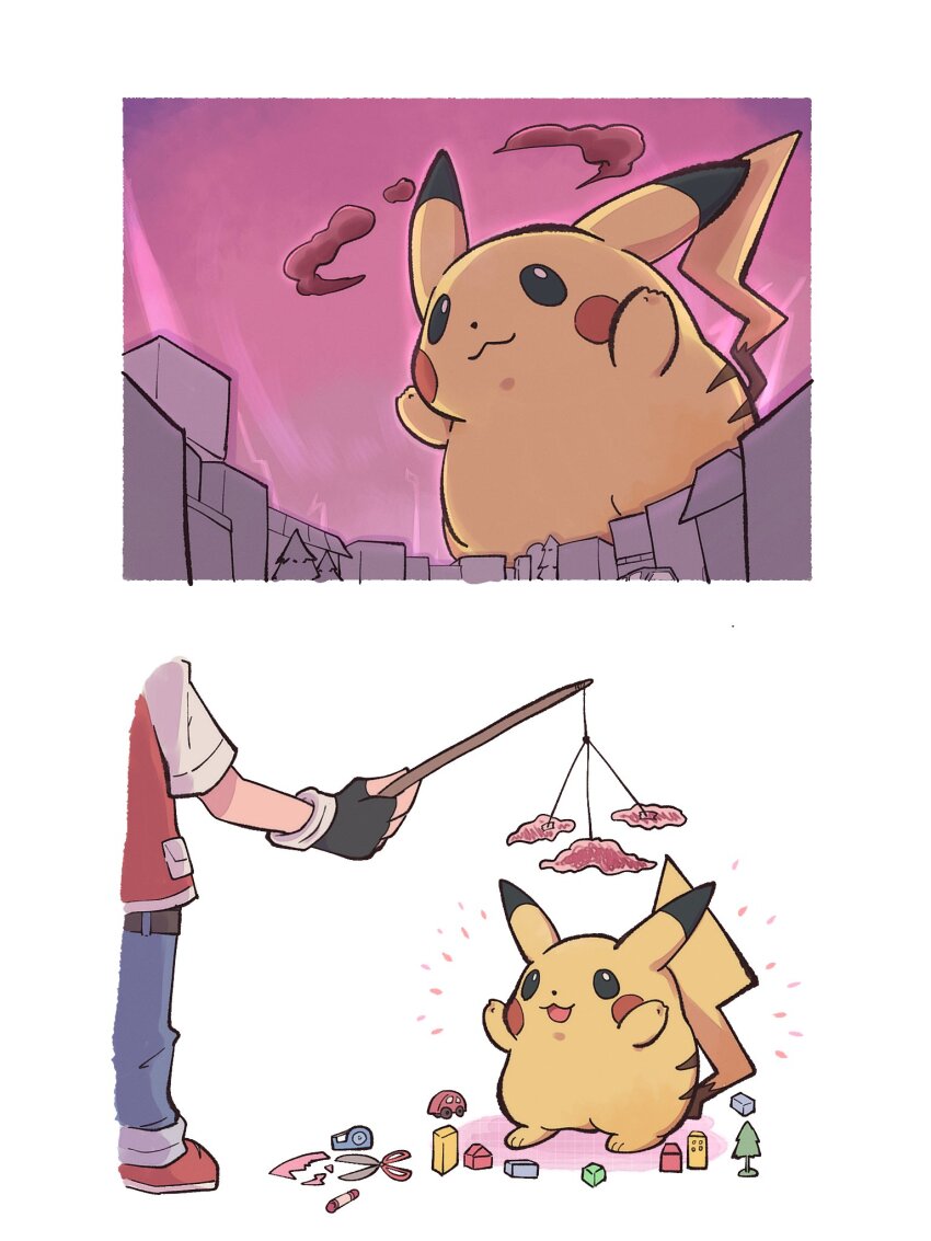 1boy :d ajimisora1 animal belt black_gloves blue_pants closed_mouth cloud commentary_request crayon dot_nose fingerless_gloves gen_1_pokemon gigantamax gigantamax_pikachu gloves highres nintendo open_mouth oversized_animal pants paper_cutout pikachu pokemon pokemon_(creature) pokemon_rgby red_(pokemon) red_footwear red_sky scissors shadow short_sleeves simple_background sky smile standing tape toy toy_block toy_car white_background