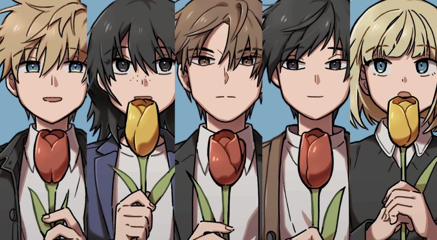 2girls 3boys :o black_hair black_jacket black_sweater blazer blonde_hair blue_background blue_eyes blue_jacket brown_eyes brown_hair brown_jacket closed_mouth collared_shirt column_lineup commentary floating_hair flower flower_over_mouth freckles hand_up hands_up hatohara_mirai highres hiyami_aki holding holding_flower inukai_sumiharu jacket lapels looking_at_viewer multiple_boys multiple_girls nana_0253 ninomiya_masataka own_hands_together portrait purple_eyes red_flower shirt short_hair simple_background smile sweater symbol-only_commentary t-shirt tsuji_shinnosuke tulip world_trigger yellow_flower