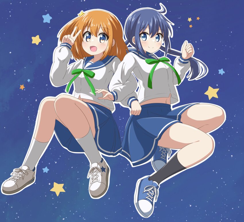 2girls absurdres black_socks blue_eyes blue_hair blue_sailor_collar blue_skirt closed_mouth convenient_censoring dot_nose female_focus full_body hair_between_eyes hair_ornament highres koisuru_asteroid konohata_mira long_hair long_sleeves looking_at_viewer manaka_ao multicolored_eyes multiple_girls nanog_eb1994 navel night night_sky open_mouth orange_hair outdoors sailor_collar school_uniform serafuku shirt shoes short_hair sitting skirt sky smile socks star_(sky) star_(symbol) star_hair_ornament v white_shirt white_socks