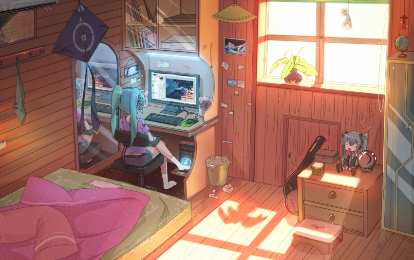 1girl aqua_hair basketball bed book bookshelf chair computer computer_keyboard crossed_legs desk female_focus globe hachune_miku hatsune_miku headphones kite mirror monitor necktie plant potted_plant qys3 racket reflection rubik&#039;s_cube sitting slice_of_life socks solo teruterubouzu trash_can twintails vocaloid window