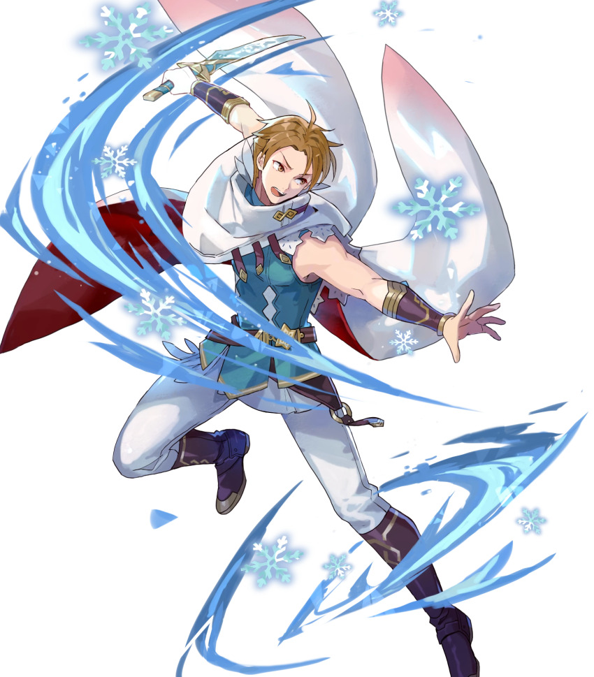 1boy belt blue_shirt boots brown_eyes brown_footwear brown_hair fire_emblem fire_emblem:_the_blazing_blade fire_emblem_heroes highres matthew_(fire_emblem) matthew_(resplendent)_(fire_emblem) nintendo o-ring official_alternate_costume official_art shirt simple_background sleeveless sleeveless_shirt third-party_source tobi_(kotetsu) two-tone_cape white_background wrist_guards