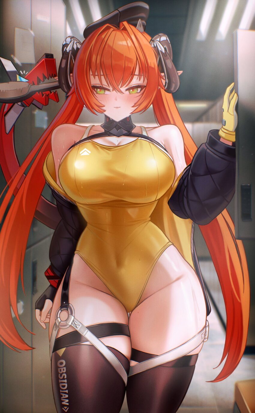 1girl absurdres alternate_costume black_hat breasts commentary curvy dragon_girl dragon_horns english_commentary fingerless_gloves gloves green_eyes hat highres horns large_breasts long_hair looking_at_viewer magus_(zenless_zone_zero) orange_hair orange_pupils orphie_magnusson pointy_ears puppnett smile solo swimsuit thick_thighs thighhighs thighs twintails very_long_hair yellow_gloves zenless_zone_zero