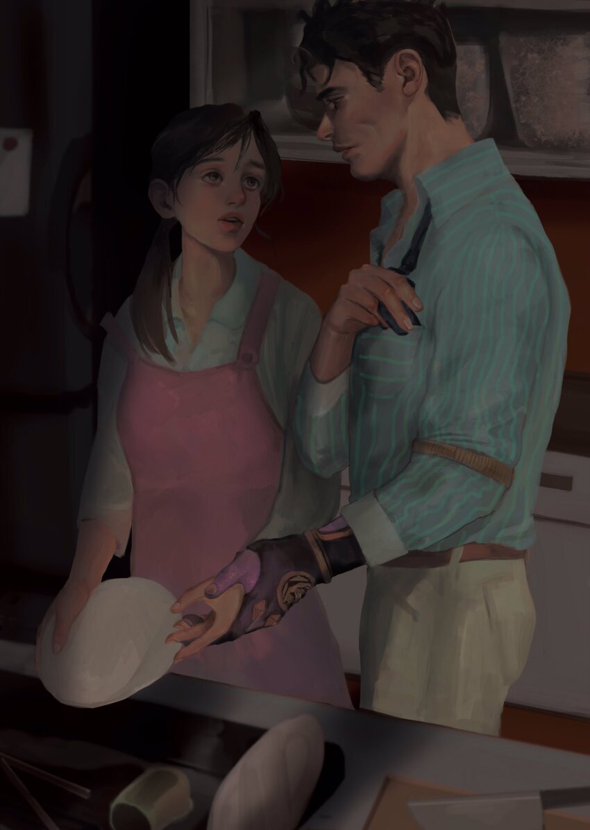 1boy 1girl apron black_hair breasts brown_eyes brown_hair commentary_request danart14020 diamond_wa_kudakenai dishwashing green_shirt hand_grab highres holding holding_plate husband_and_wife indoors jojo_no_kimyou_na_bouken kawajiri_kosaku kawajiri_shinobu killer_queen kira_yoshikage lips long_hair looking_at_another medium_breasts necktie pants parted_lips plate shirt short_hair sink stand_(jojo) standing