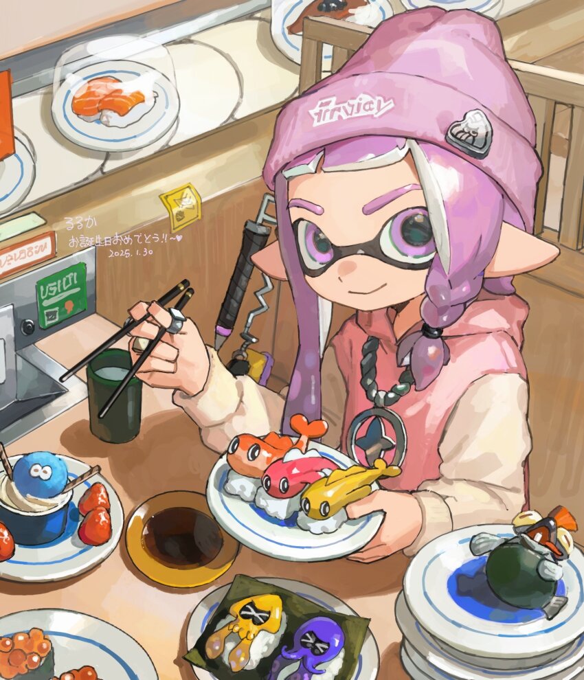 1girl 2025 beanie braid chain chain_necklace chopsticks closed_mouth commentary_request conveyor_belt_sushi crossover dated fish_(food) food fruit game_freak hat highres holding holding_chopsticks holding_plate hood hood_down hoodie ikura_(food) inkling inkling_girl inkling_player_character jellyfish_(splatoon) jewelry long_hair long_sleeves looking_at_viewer miko_(15476997) necklace nigirizushi nintendo octoling_player_character pink_hat pink_hoodie plate pointy_ears pokemon pokemon_(creature) purple_eyes purple_hair restaurant salmon_(fish) salmonid single_braid smallfry_(splatoon) smile solo soy_sauce splatana_wiper_(splatoon) splatoon_(series) strawberry sushi tatsugiri tatsugiri_(curly) tatsugiri_(droopy) tatsugiri_(stretchy) tentacle_hair yellow_sleeves
