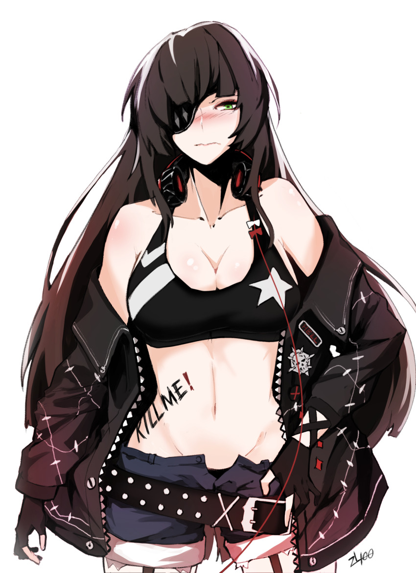 1girl amy_strickland amy_strickland_(cosplay) bare_shoulders belt black_belt black_gloves black_jacket black_sports_bra blush body_writing breasts brown_hair cleavage closed_mouth collarbone commentary cosplay counter:side cowboy_shot denim denim_shorts embarrassed eyepatch gloves green_eyes headphones headphones_around_neck highres jacket large_breasts lee_jisoo long_hair long_sleeves navel off_shoulder one_eye_covered open_clothes open_jacket partially_fingerless_gloves shorts signature simple_background solo sports_bra standing stomach white_background zanlyu