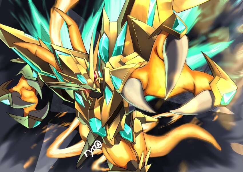 alternate_form armor artist_name colored_skin digimon digimon_(creature) dragon energy_wings fewer_digits forehead_jewel gold_armor incoming_attack magnamon_x-antibody orange_skin red_eyes ryo@