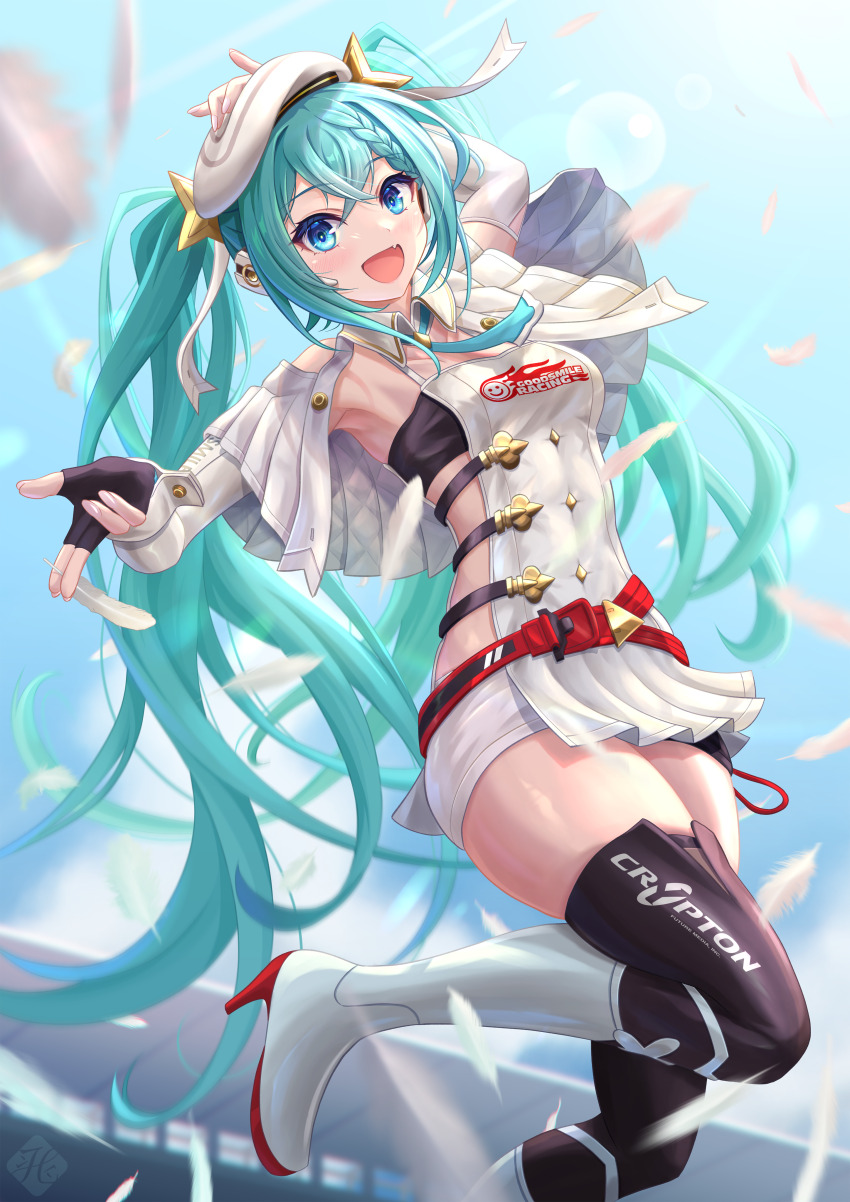1girl absurdres aqua_eyes aqua_hair aqua_necktie arm_up armpits belt beret bird black_gloves blue_sky boots braid braided_bangs brooch cape cloud cloudy_sky commentary crossed_bangs day detached_sleeves dot_nose fang fingerless_gloves flag floating_cape floating_hair gloves gold_trim goodsmile_racing grey_thighhighs hair_between_eyes hair_ribbon hanegaito hat hatsune_miku head_tilt highres holding holding_flag jewelry light_blush logo long_hair long_sleeves looking_at_viewer necktie official_alternate_costume outdoors racing_miku racing_miku_(2023) red_belt ribbon short_necktie short_shorts shorts sideless_outfit sidelocks single_braid skin_fang sky sleeve_cuffs smile solo sparkle_hair_ornament sunlight thick_thighs thigh_boots thighhighs thighs twintails very_long_hair vocaloid white_boots white_cape white_hat white_ribbon white_shorts