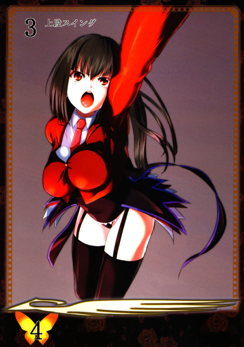 1girl black_hair breasts female_focus garter_straps highres hobby_japan large_breasts lucifer_(umineko) nimu no_naku_koro_ni_(series) open_mouth ponytail queen&#039;s_blade queen&#039;s_blade_grimoire queen&#039;s_blade_lost_worlds red_eyes ryukishi07 stakes_of_purgatory thighhighs umineko_no_naku_koro_ni