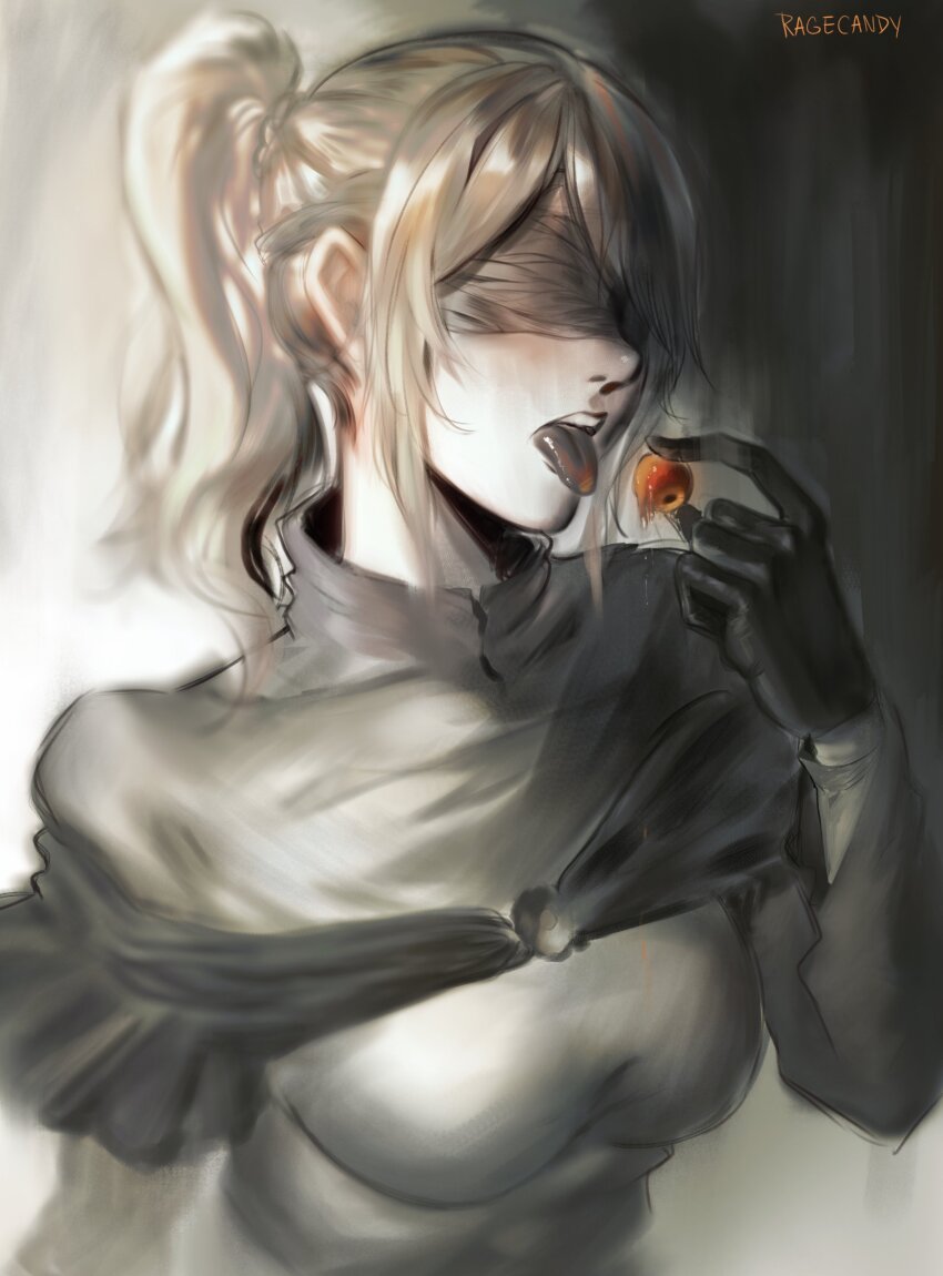 1girl absurdres artist_name bandages black_gloves blindfold blonde_hair breasts capelet commentary covered_eyes dress elden_ring english_commentary eyeball finger_maiden_hyetta gloves grey_dress highres holding holding_eyeball long_hair long_sleeves medium_breasts open_mouth ponytail ragecndy shabriri_grape sidelocks solo teeth tongue tongue_out upper_teeth_only