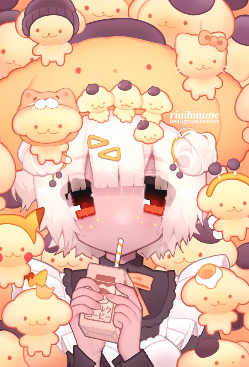 1girl animal_ear_hairband animal_ears animal_hat cosplay dark-skinned_female dark_skin dog dog_ears drink drinking drinking_straw facial_mark fake_animal_ears fake_tail freckles game_freak gen_1_pokemon hairband hat highres holding holding_drink looking_at_viewer maid nintendo original pikachu pikachu_(cosplay) pikachu_ears pikachu_tail pokemon pokemon_tail pompompurin pompompurin_(cosplay) red_eyes rinihimme sanrio short_hair solo star_(symbol) star_facial_mark tail upper_body watermark white_hair