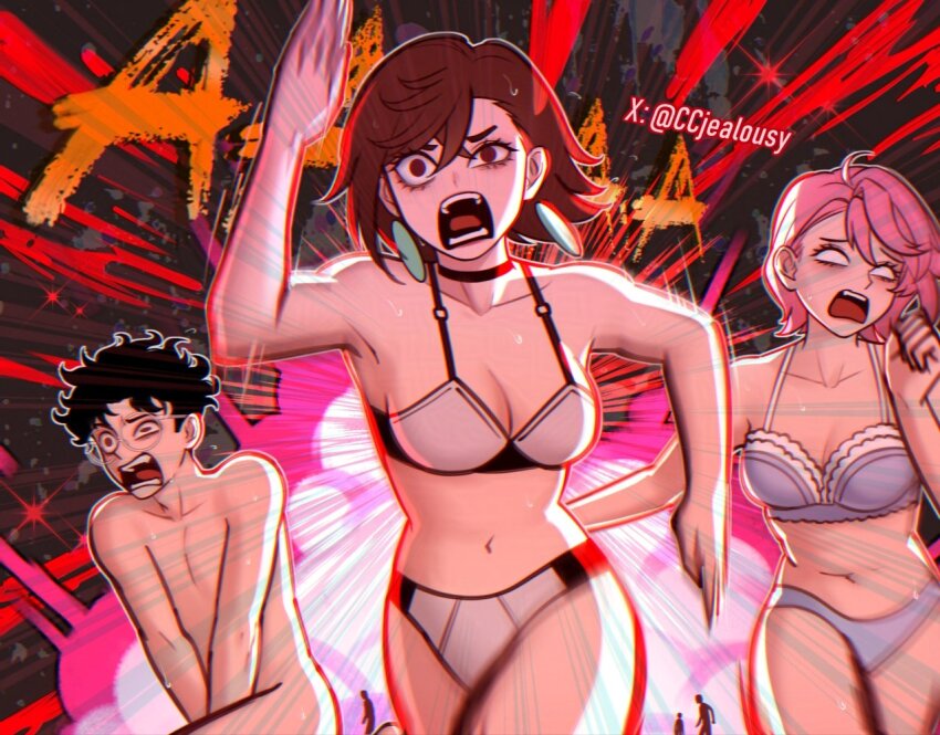 1boy 2girls ayase_momo bare_arms bare_shoulders black_choker black_hair bra breasts brown_eyes brown_hair choker cleavage clothed_female_nude_male collarbone commentary completely_nude covering_privates czy_(2894456992) dandadan earrings emphasis_lines english_commentary explosion_gag floating_earring glasses hair_between_eyes jewelry medium_breasts motion_blur motion_lines multiple_boys multiple_girls navel nude open_mouth panties pink_hair purple_bra purple_panties round_eyewear running screaming shiratori_aira_(dandadan) short_hair speed_lines stomach takakura_ken_(dandadan) twitter_username underwear underwear_only white_bra white_eyes white_panties