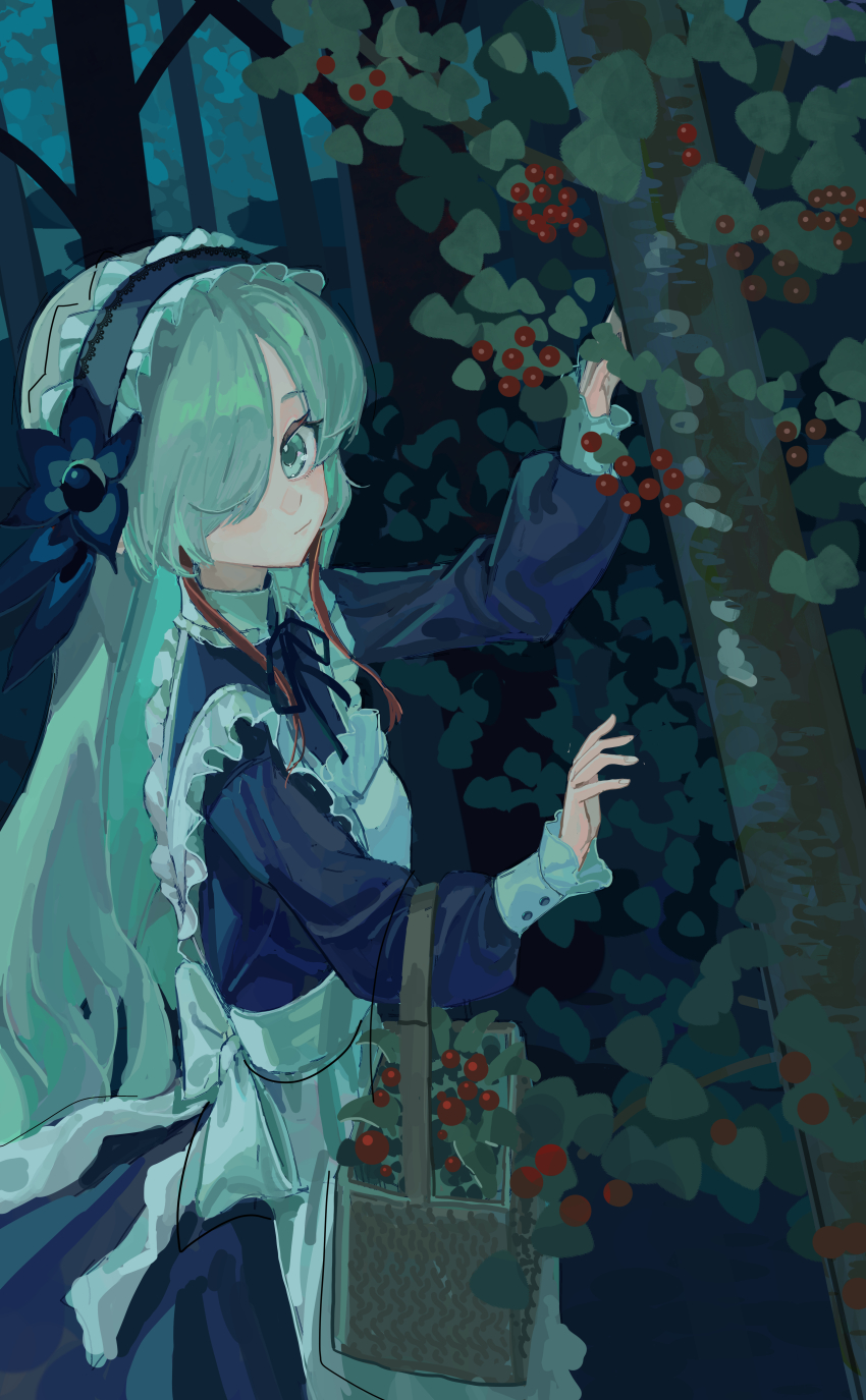 1girl absurdres apron basket black_dress bush collared_dress commentary cool_colored dark dress flower frilled_apron frills fruit_basket grey_eyes grey_hair hair_flower hair_ornament hair_over_one_eye highres iinagi_(kashiwa_keira) isekaijoucho juliet_sleeves kamitsubaki_studio long_hair long_sleeves looking_at_viewer maid maid_apron maid_headdress multicolored_hair neck_ribbon one_eye_covered picking_fruit puffy_sleeves red_hair ribbon sidelocks sleeve_cuffs solo standing tree virtual_youtuber white_apron white_hair