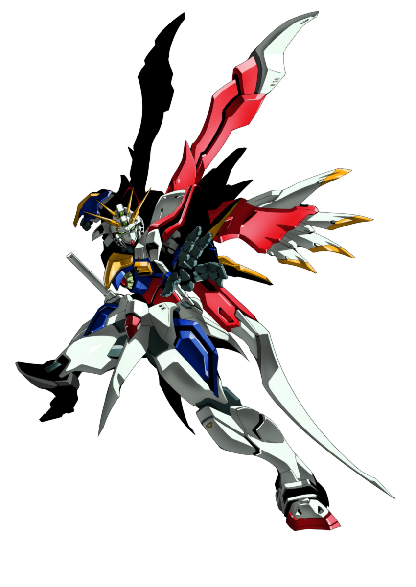 fighting_stance g_gundam god_gundam god_gundam_ii green_eyes gundam highres looking_at_viewer mecha mecha_focus mechanization mobile_suit no_humans robot ryokasaka science_fiction solo super_robot v-fin white_background