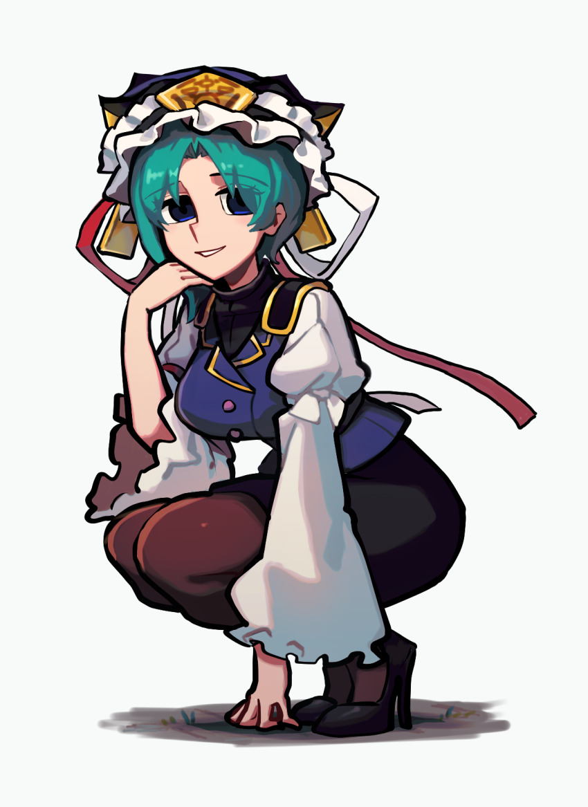 1girl black_shoes black_skirt blue_eyes blue_vest brown_pantyhose frilled_hat frilled_sleeves frills full_body green_hair hand_on_ground hand_up hat hat_ribbon high_heels highres iganashi1 juliet_sleeves long_sleeves looking_at_viewer medium_hair pantyhose parted_bangs parted_lips puffy_sleeves ribbon shiki_eiki shoes simple_background skirt smile solo squatting touhou vest white_background wide_sleeves