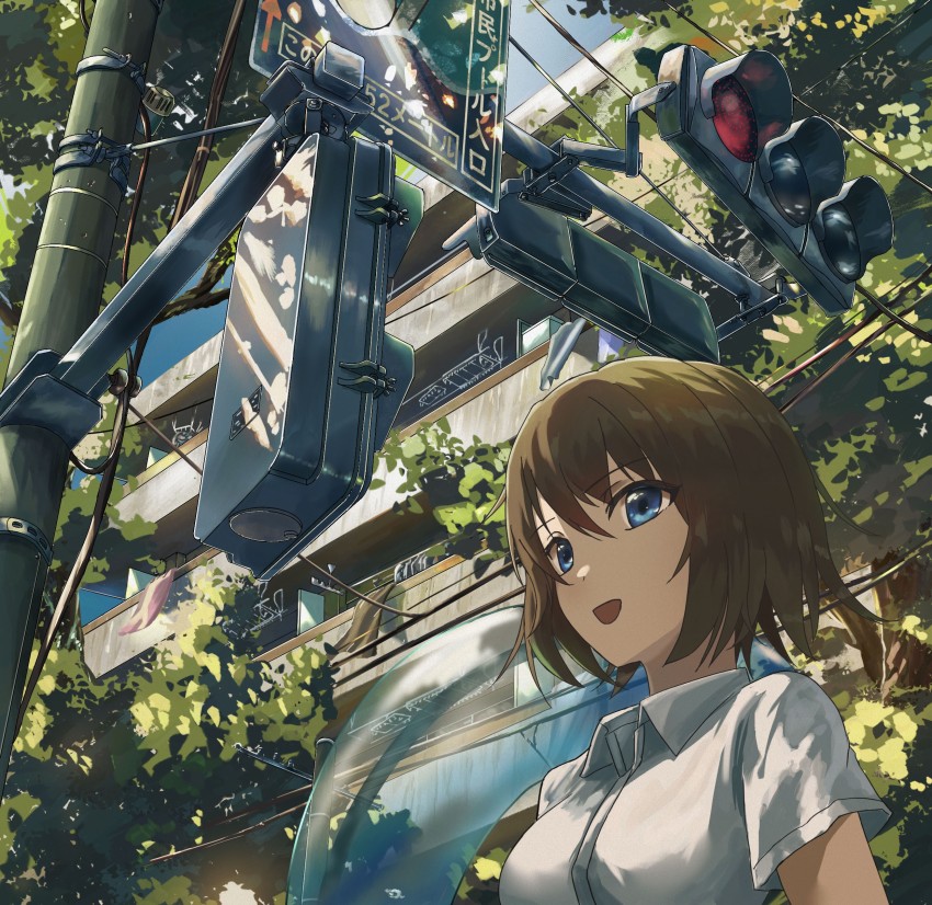 1girl absurdres blue_eyes blue_sky brown_hair building collared_shirt hair_between_eyes highres innertube leaf medium_hair original qdsn shirt short_sleeves sky swim_ring traffic_light tree utility_pole white_shirt