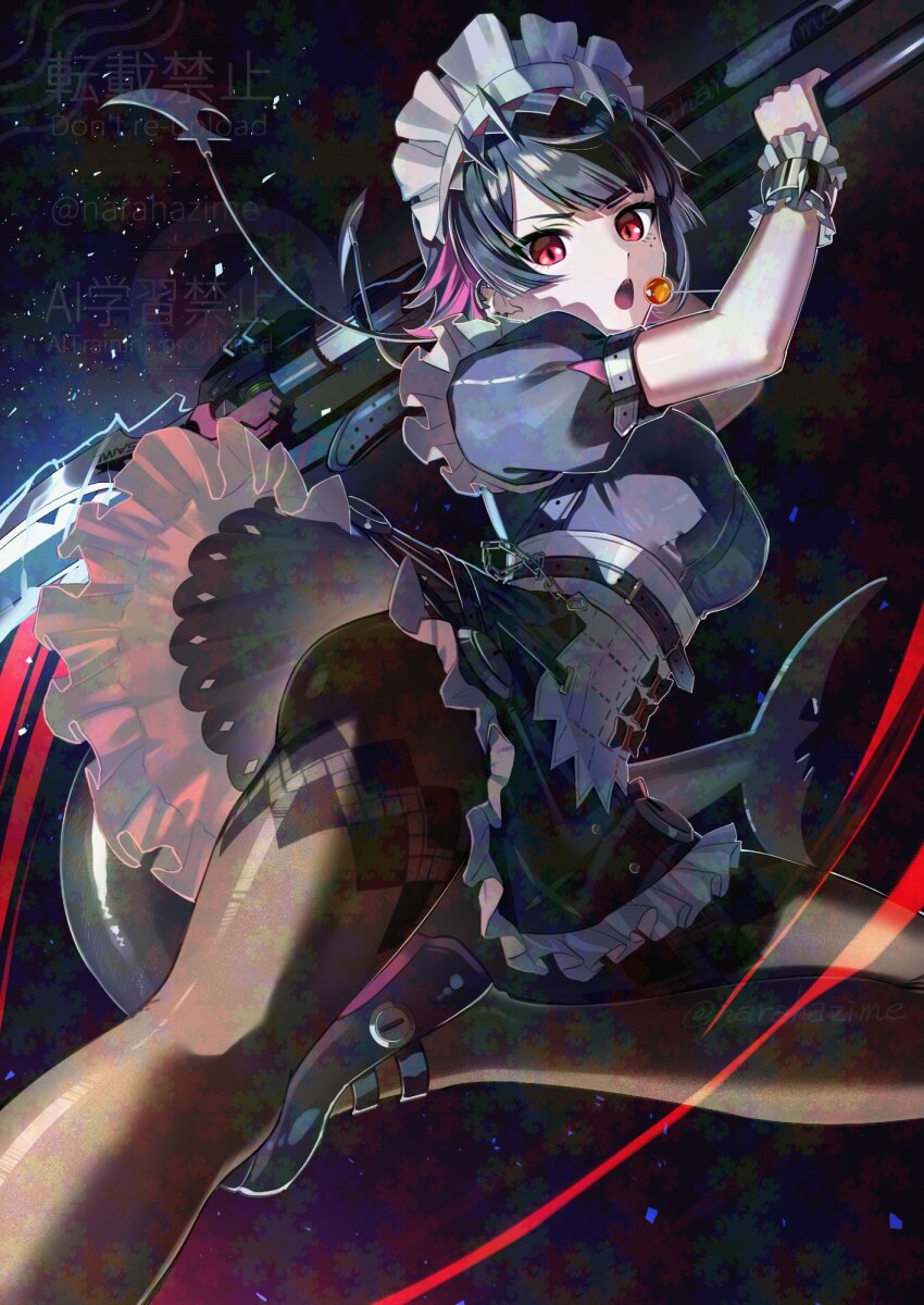 1girl black_dress black_hair black_pantyhose black_shoes candy colored_inner_hair dress ellen_joe fins fish_tail food frilled_wristband hairband highres holding holding_candy holding_food holding_lollipop holding_weapon lollipop maid maid_headdress metal_hairband mole mole_under_eye multicolored_hair narahazime open_mouth pantyhose red_eyes shark_girl shark_tail shoes short_hair spiked_headband tail weapon zenless_zone_zero