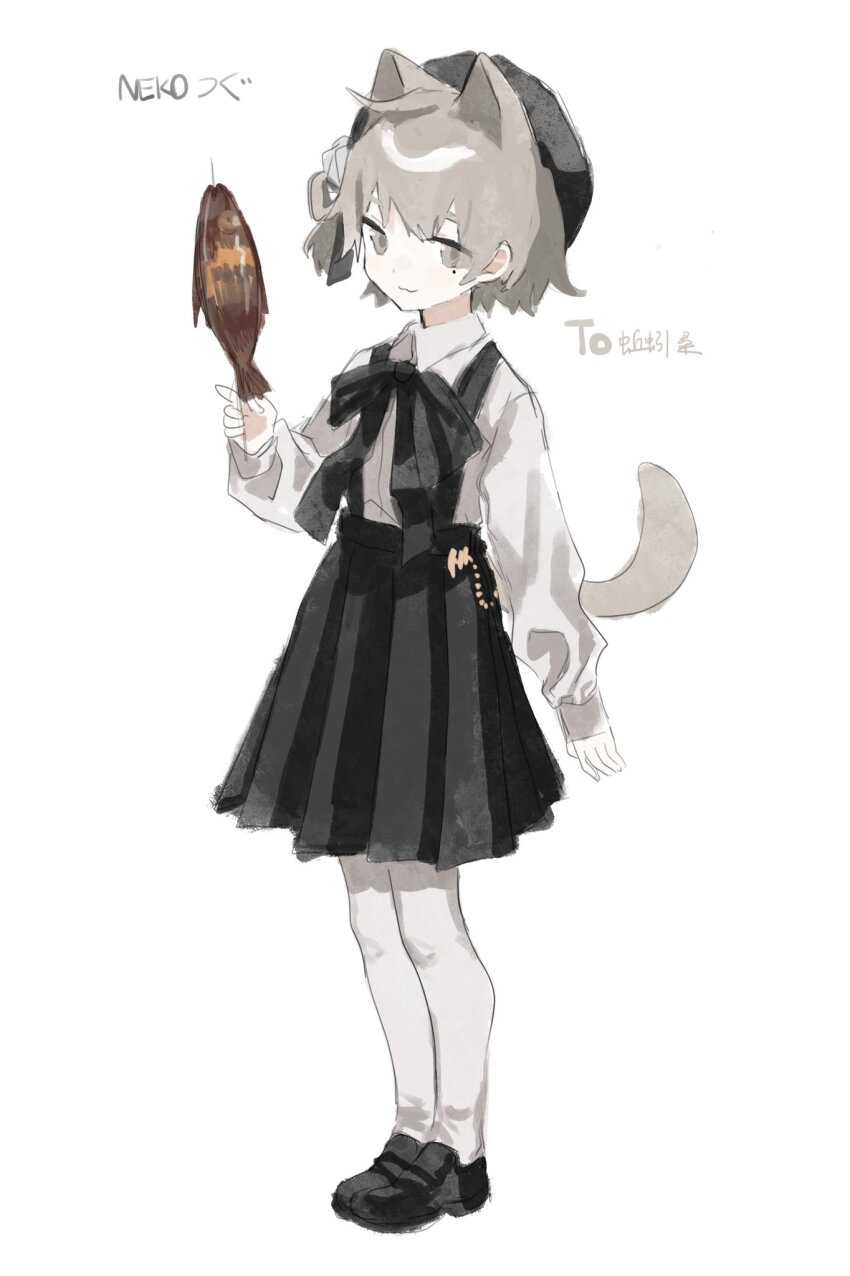1984_(cw1000110) 1girl :3 animal_ears beret black_bow black_bowtie black_hat black_shoes black_skirt bow bowtie brown_eyes brown_hair cat_ears cat_girl cat_tail closed_mouth collared_shirt fish flat_chest food full_body hand_up hat hatoba_tsugu highres holding holding_food kemonomimi_mode loafers long_sleeves one_side_up pantyhose pleated_skirt shirt shoes short_hair simple_background sketch skirt smile solo standing suspender_skirt suspenders tail tsugu_(vtuber) white_background white_pantyhose white_shirt