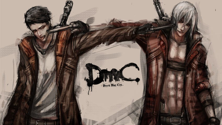 2boys abs aiming at_gunpoint belt black_hair dante_(devil_may_cry) dante_(dmc:_devil_may_cry) devil_may_cry devil_may_cry_(series) devil_may_cry_3 dmc:_devil_may_cry dual_(dual_kiqtou) ebony_&amp;_ivory highres jacket long_sleeves multiple_boys no_shirt open_clothes open_jacket rebellion_(sword) short_hair