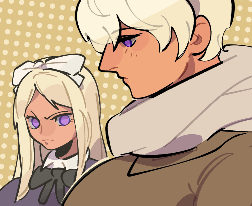 1boy 1girl absurdres axis_powers_hetalia belarus_(hetalia) brother_and_sister frown girl_staring_at_guy&#039;s_chest_(meme) hair_between_eyes highres large_pectorals looking_at_pectorals looking_down male_focus meme muscle_envy pectorals purple_eyes russia_(hetalia) short_hair siblings thick_eyebrows tsunamio7 white_hair