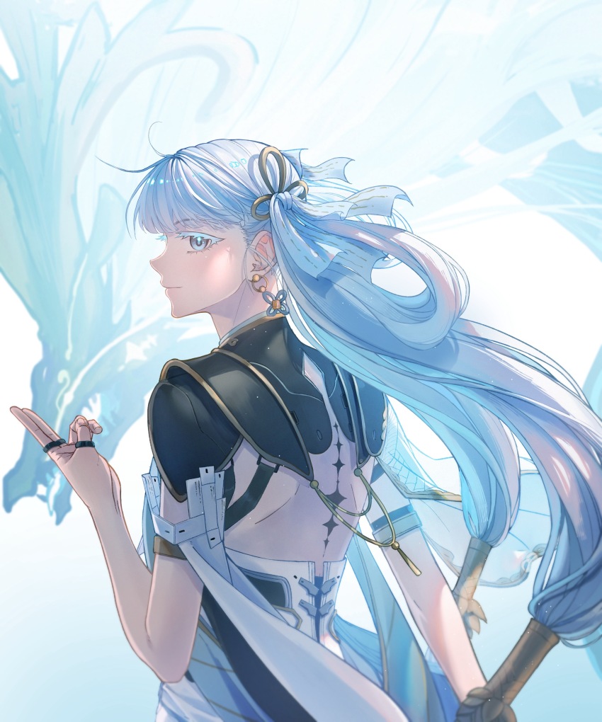 1girl absurdres black_collar closed_mouth coat collar colored_eyelashes commentary dragon earrings eastern_dragon from_behind hair_rings highres jewelry jinhsi_(wuthering_waves) jue_(wuthering_waves) kuji-in lanse_chanming looking_at_viewer looking_back low_twintails smile solo tacet_mark_(wuthering_waves) twintails white_coat white_eyelashes white_eyes white_hair wuthering_waves