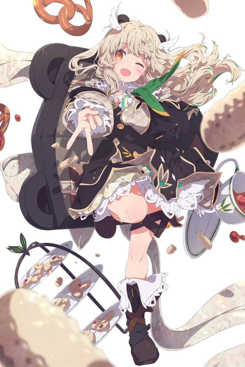 1girl amatsuna_sasaha animal_ears blush boots brown_hair cookie cup feather_hair_ornament feathers food hair_ornament highres indie_virtual_youtuber leg_up light_brown_hair long_hair ogipote one_eye_closed open_mouth shield shield_on_back solo standing standing_on_one_leg teacup v virtual_youtuber white_background