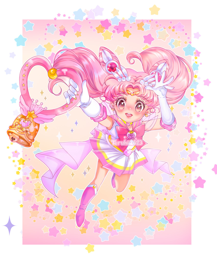 1girl :d artist_name bell bishoujo_senshi_sailor_moon blush boots chibi_usa crescent crescent_moon crystal_carillon double_bun elbow_gloves gloves hair_bun hair_ornament hands_up moon open_mouth pink_background pink_boots pink_eyes pink_hair pink_sailor_collar sailor_chibi_moon sailor_collar sailor_senshi_uniform see-through_clothes see-through_sleeves short_sleeves smile star_(symbol) super_sailor_chibi_moon teruhii