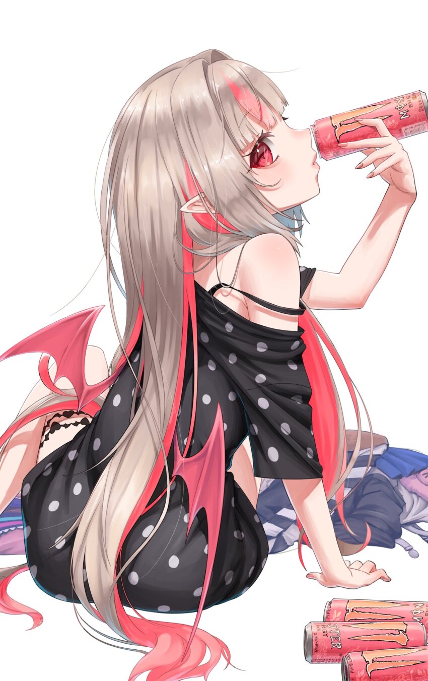 1girl aduti_momoyama arm_support black_bra black_pajamas black_shirt bra bra_strap brown_hair can colored_inner_hair demon_wings drink eyelashes fingernails from_behind hand_up highres holding holding_can holding_drink leg_tattoo long_hair looking_at_viewer looking_back makaino_ririmu monster_energy multicolored_hair nijisanji off_shoulder official_alternate_costume official_alternate_hairstyle pajamas parted_lips pink_hair pink_streaks pointy_ears polka_dot polka_dot_pajamas polka_dot_shirt profile red_eyes red_lips red_nails red_wings sharp_fingernails shirt short_sleeves shoulder_blush simple_background sitting solo straight_hair streaked_hair tattoo two-tone_hair underwear very_long_hair virtual_youtuber white_background winged_heart_tattoo wings