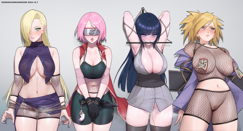 4girls absurdres arm_warmers bike_shorts black_gloves black_hair blonde_hair bound bound_wrists breasts female_pubic_hair fishnet_top fishnets forehead_protector gag gloves gorgeous_mushroom haruno_sakura highres hyuuga_hinata konohagakure_symbol kunai large_breasts looking_at_viewer multiple_girls naruto:_the_last naruto_(series) no_panties ofuda ofuda_on_nipples pasties pink_hair pubic_hair pubic_hair_peek short_shorts shorts steaming_body temari_(naruto) weapon yamanaka_ino