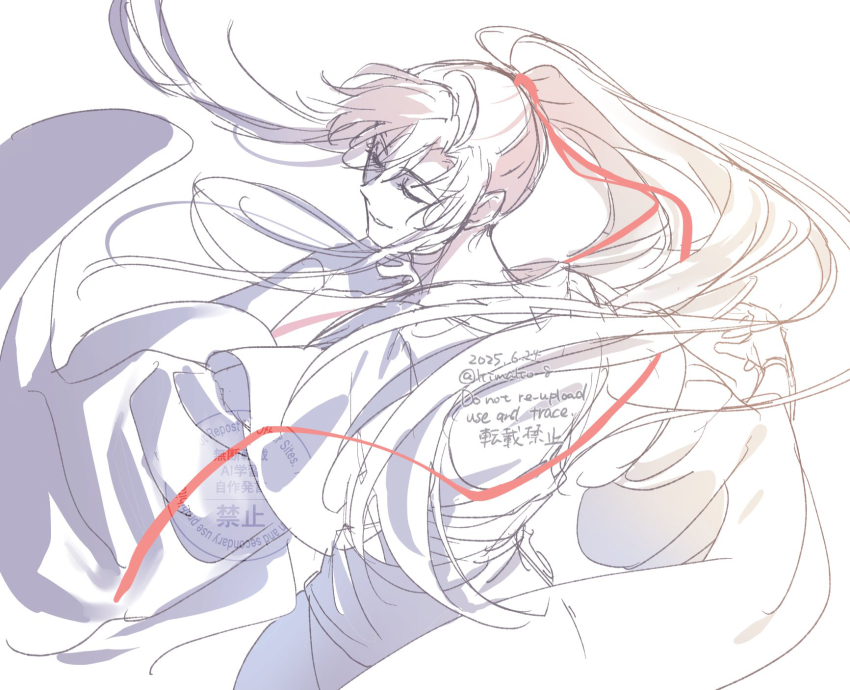 1boy ahoge bishounen chinese_clothes closed_eyes dated floating_hair from_behind hair_ribbon hanfu high_ponytail highres kimako_(kimako_8) long_hair long_sleeves male_focus modao_zushi monochrome parted_lips ponytail red_ribbon ribbon robe sidelocks simple_background sketch smile solo spot_color twitter_username very_long_hair watermark wei_wuxian white_background wide_sleeves