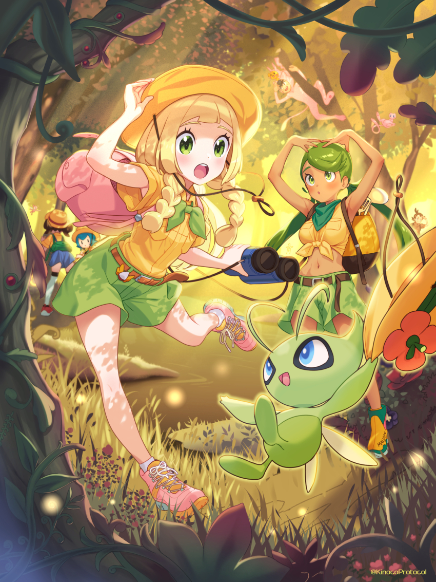 2boys 4girls :o alternate_color arms_up ash_ketchum backpack bag belt binoculars blunt_bangs braid breasts brown_belt budding_expeditioner_(pokemon) budding_expeditioner_(pokemon)_(cosplay) celebi character_name clothes_writing commentary_request cosplay day eyelashes flower gen_1_pokemon gen_2_pokemon goh_(pokemon) grass green_bag green_eyes green_hair green_shorts hand_on_headwear hands_on_own_head hat hat_flower highres holding holding_binoculars holding_unworn_clothes holding_unworn_hat jungle kinocopro lana_(pokemon) leg_up legendary_pokemon lillie_(pokemon) long_hair looking_down lyra_(pokemon) mallow_(pokemon) medium_breasts mew_(pokemon) mew_(pokemon)_(cosplay) midriff multiple_boys multiple_girls mythical_pokemon nature navel nintendo open_mouth outdoors peeking_out pikachu pink_bag pink_shoes plant pokemon pokemon_(anime) pokemon_(creature) pokemon_hgss pokemon_journeys pokemon_sm_(anime) pokemon_tcg pokemon_tcg_pocket revision shiny_pokemon shirt shoes short_sleeves shorts sneakers socks standing standing_on_one_leg swept_bangs teeth tied_shirt tongue tree twin_braids twintails twitter_username unworn_hat unworn_headwear upper_teeth_only vines watermark white_socks yellow_bag yellow_hat yellow_shirt