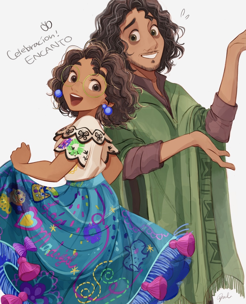 1boy 1girl aqua_skirt brown_eyes brown_hair brown_shirt bruno_madrigal copyright_name dark-skinned_female dark-skinned_male dark_skin encanto facial_hair green_poncho highres melchencanto mirabel_madrigal open_mouth poncho print_shirt print_skirt shirt short_hair short_sleeves simple_background skirt teeth uncle_and_niece upper_teeth_only white_background white_shirt