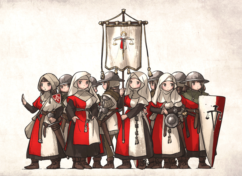 6+girls armor balance_scale_print banner battle_standard belt black_dress boots brown_boots brown_eyes brown_hair brown_pants capelet chunky_sister_(ironlily) clothes_grab commentary couter dress english_commentary gambeson gloves hand_on_hilt highres holding holding_banner holding_shield ironlily kettle_helm kite_shield long_hair medieval medium_hair multiple_girls ordo_mediare_sisters_(ironlily) own_hands_together pants pauldrons rondel rope_belt scabbard sheath shield shoulder_armor simple_background standing surcoat sword tassel veil war_banner weapon white_background white_veil wimple