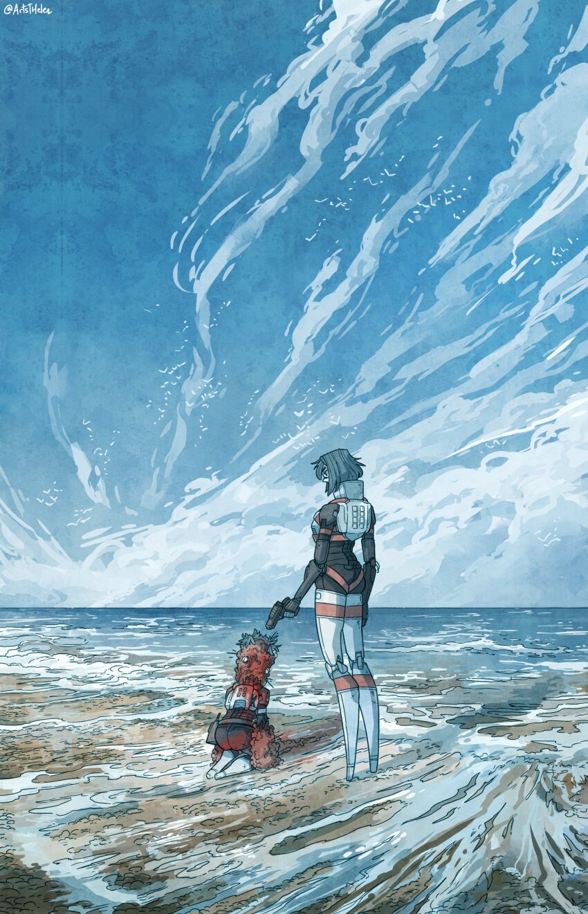 2girls absurdres android artsthelen beach black_hair cloud corrupted_eule_(signalis) deformed elster_(signalis) gun highres horizon joints multiple_girls outdoors robot_girl robot_joints science_fiction shore short_hair signalis sky water weapon